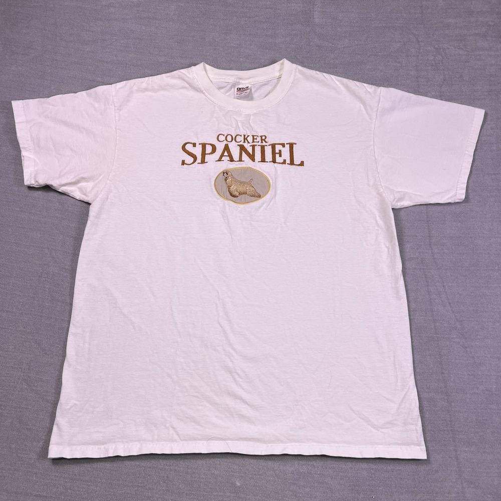 Anvil Vintage Y2K Embroidered Cocker Spaniel T-Shirt Mens XL White Cotton